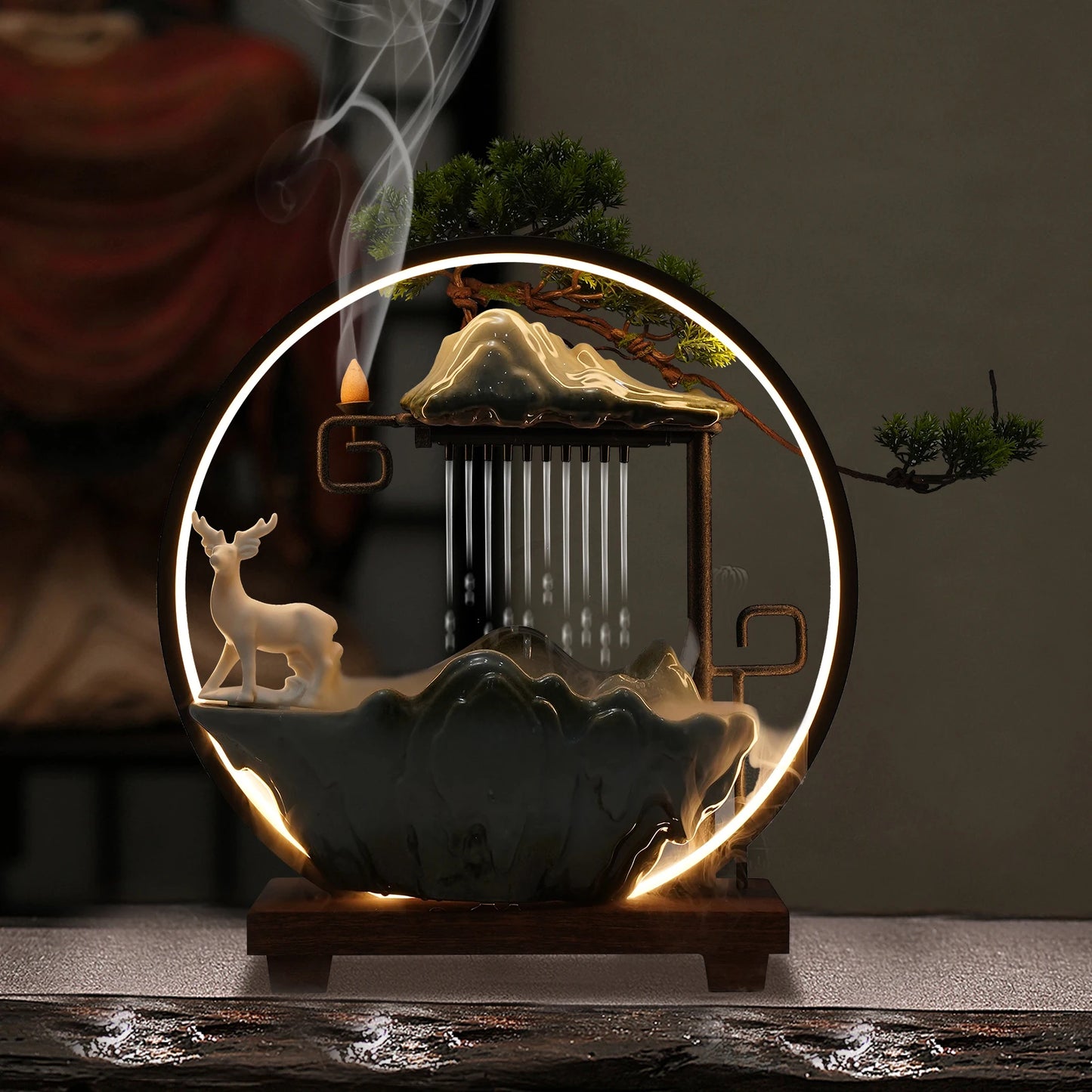 Ceramic Tabletop Fountain With LED Mist Deer Figurine Pine Branches