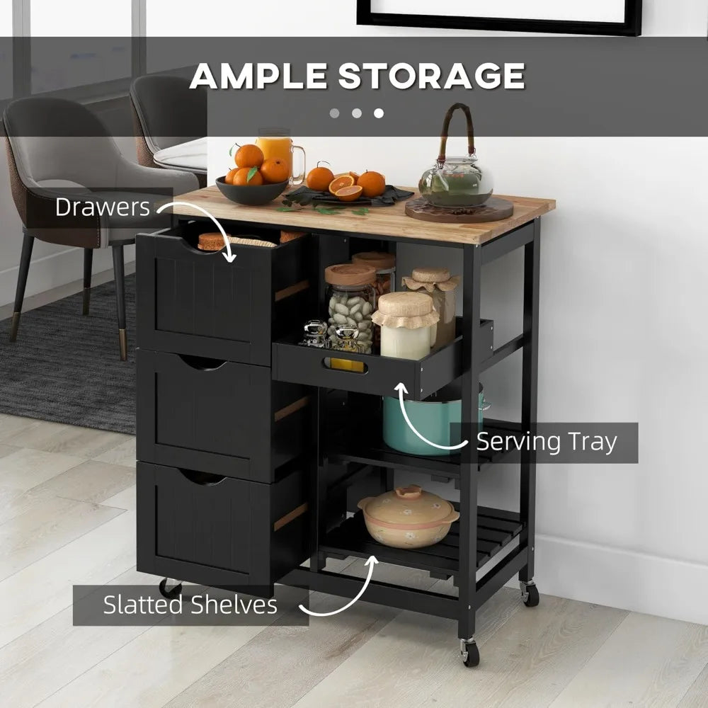 Rolling Kitchen Island Cart With Wood Top On Wheels Shelves