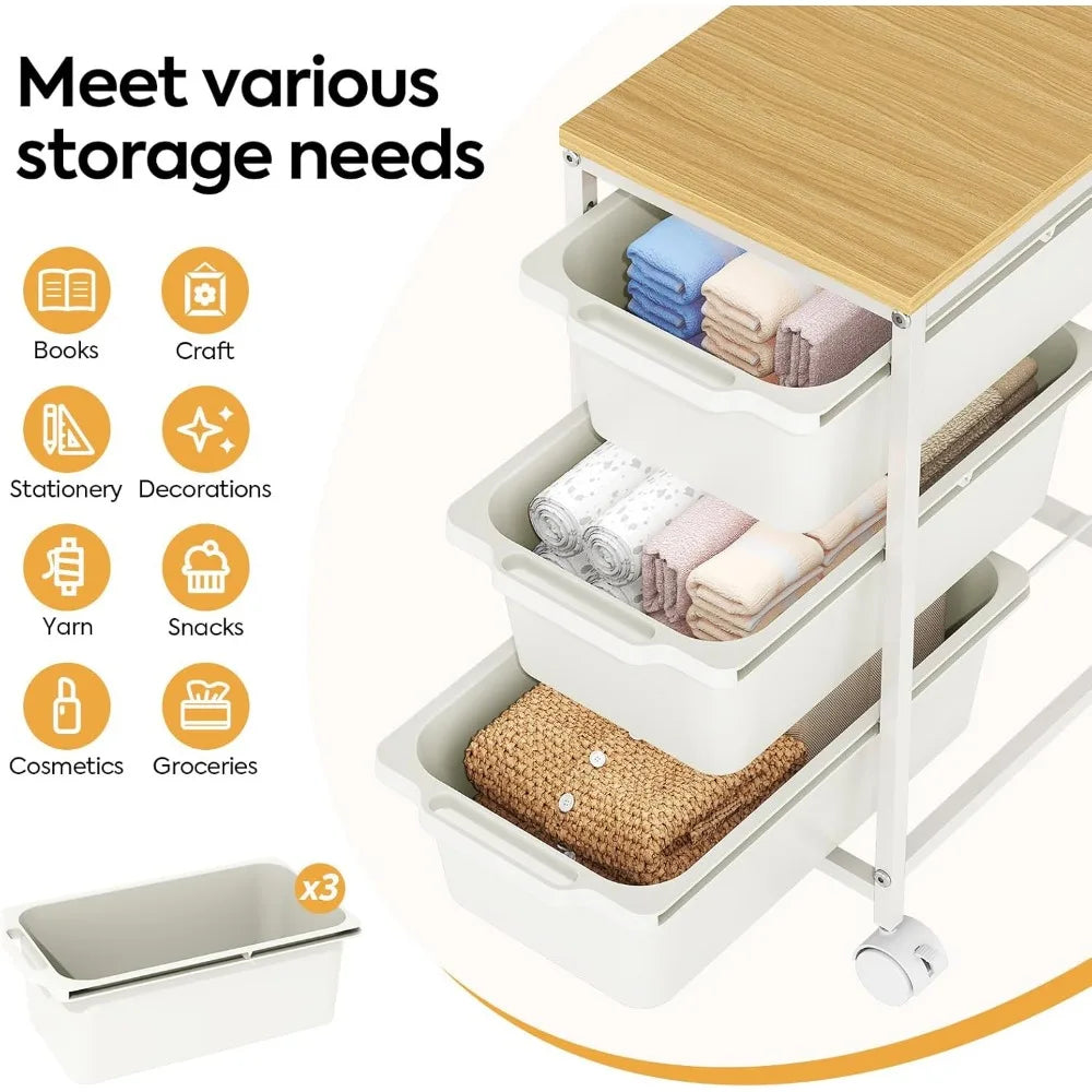 NBVCX Three Drawer Rolling Cart With Wood Top For Bedroom
