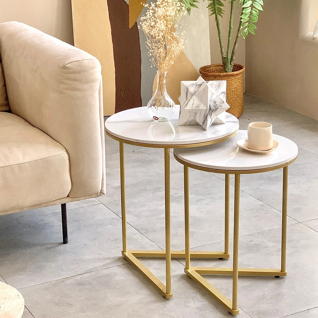 Modern Round Nesting Marble Side Tables With Metal Frame