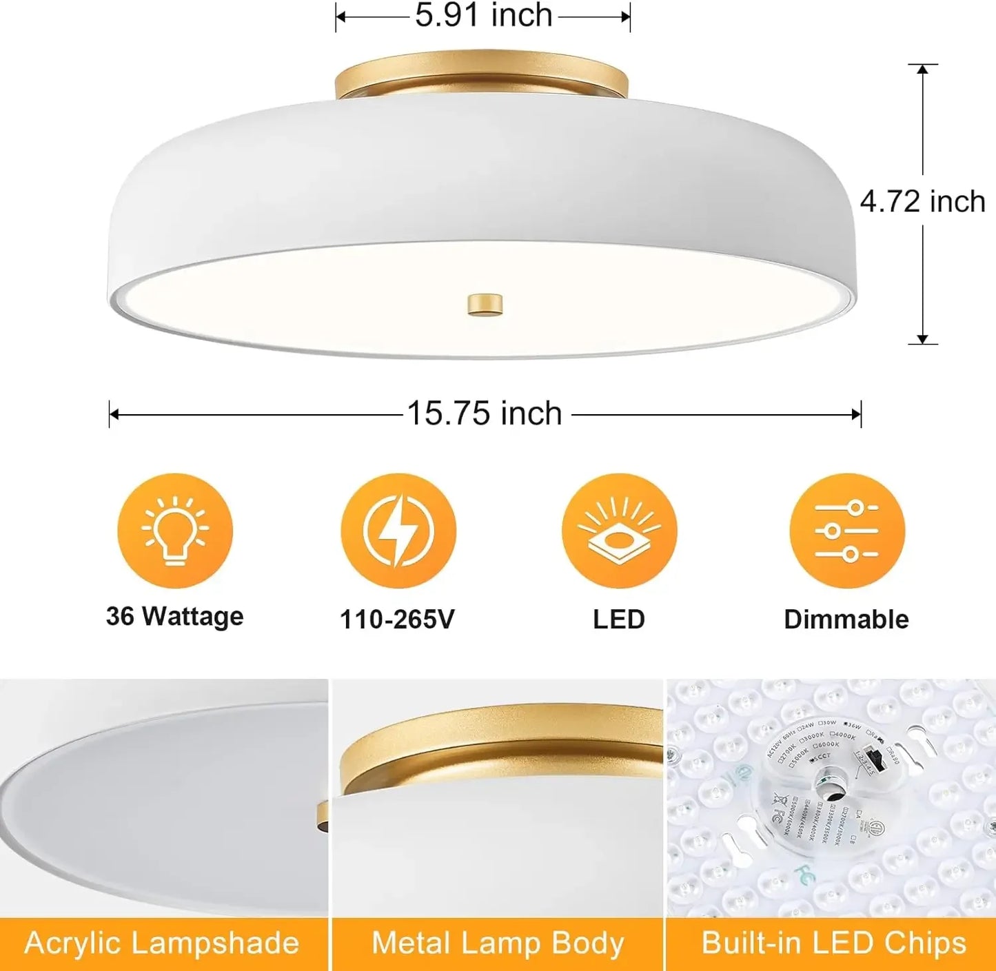 LED Ceiling Light Fixture 5CCT Mid Century Semi Flush Mount