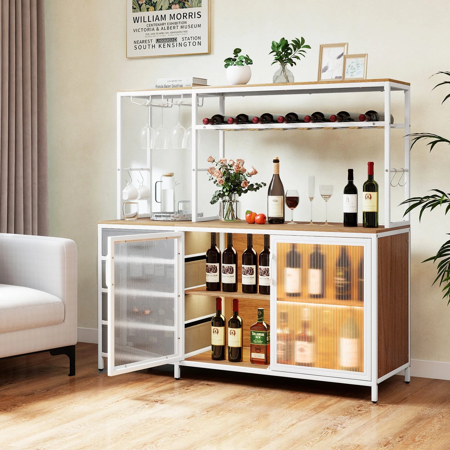 HOMASIS Sideboard Buffet Cabinet With LED Lights And Power Outlets