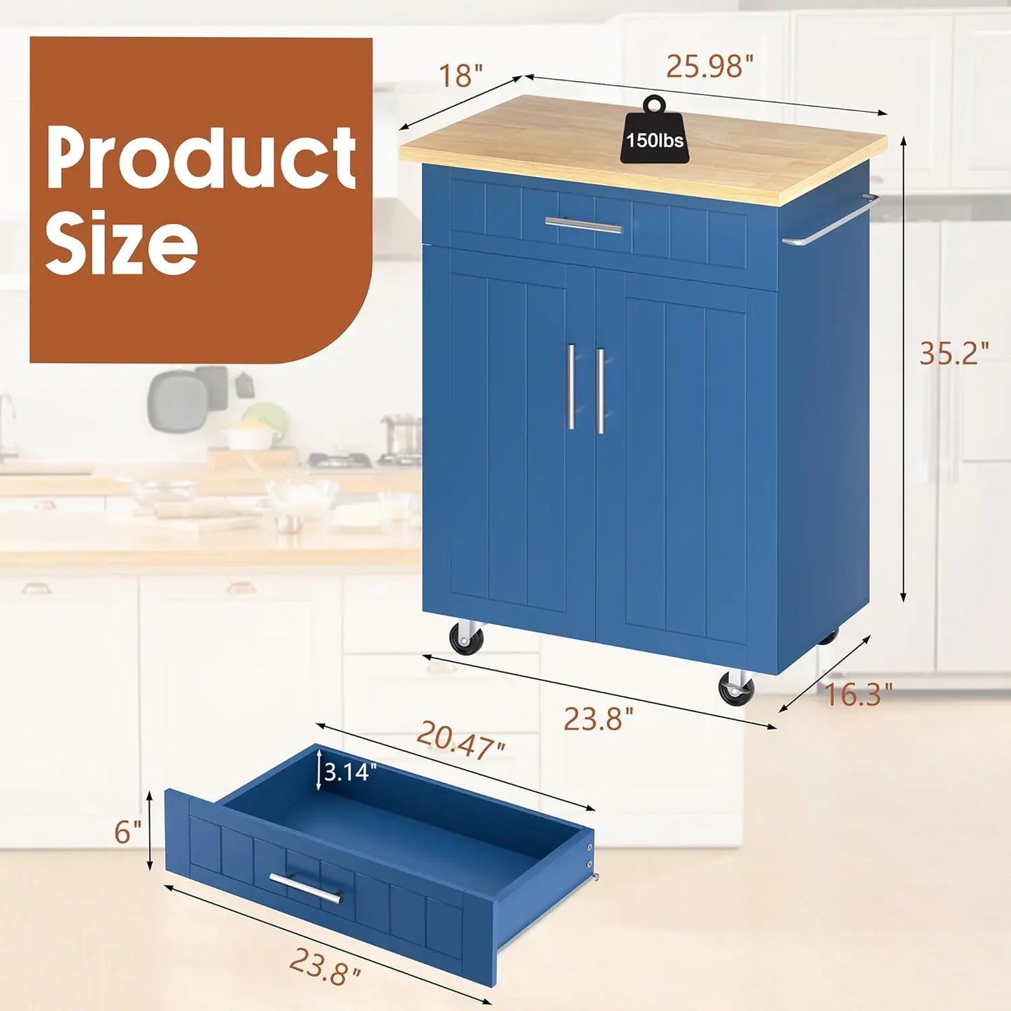 Rolling Kitchen Island Cart With Storage Cabinet And Towel Rack