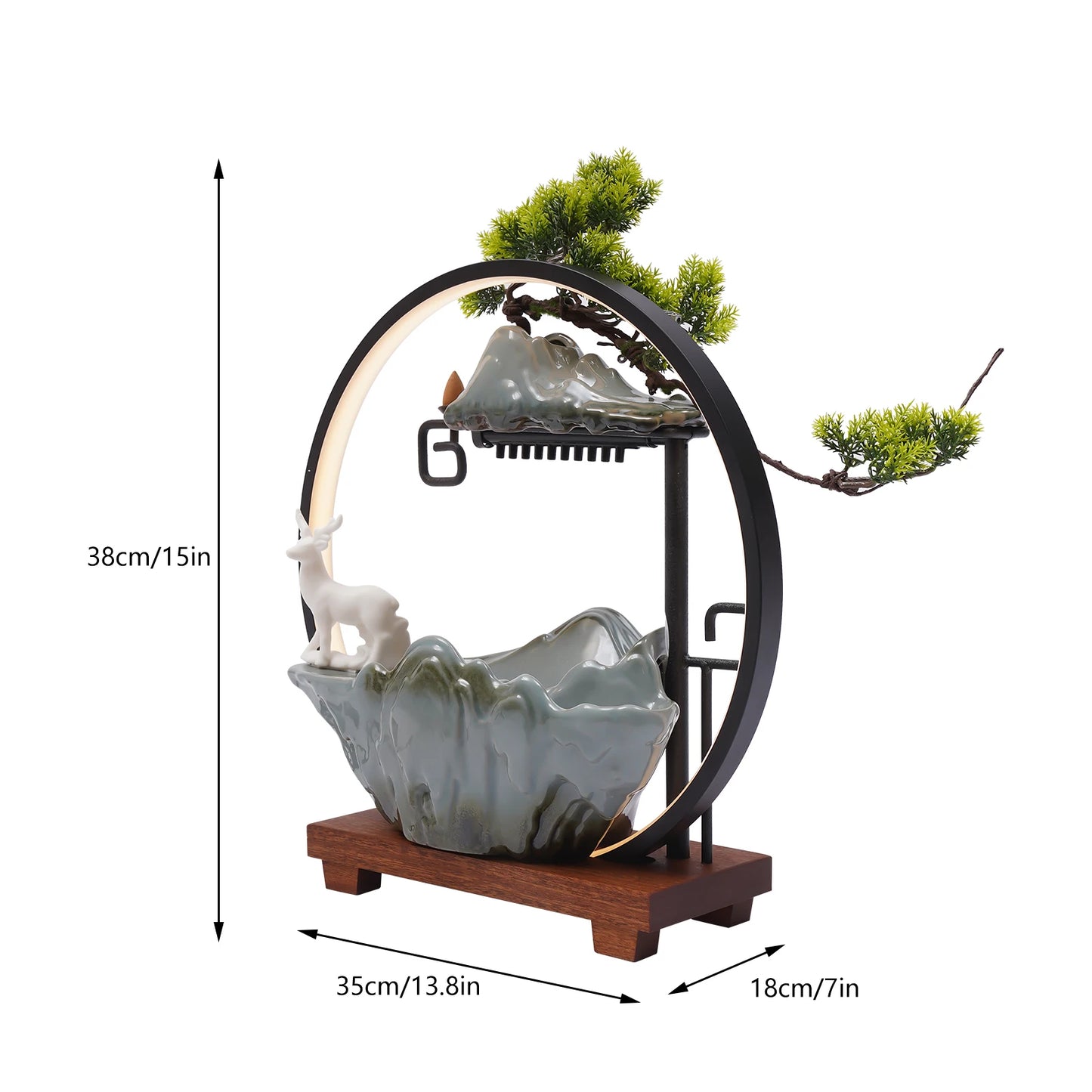 Ceramic Tabletop Fountain With LED Mist Deer Figurine Pine Branches