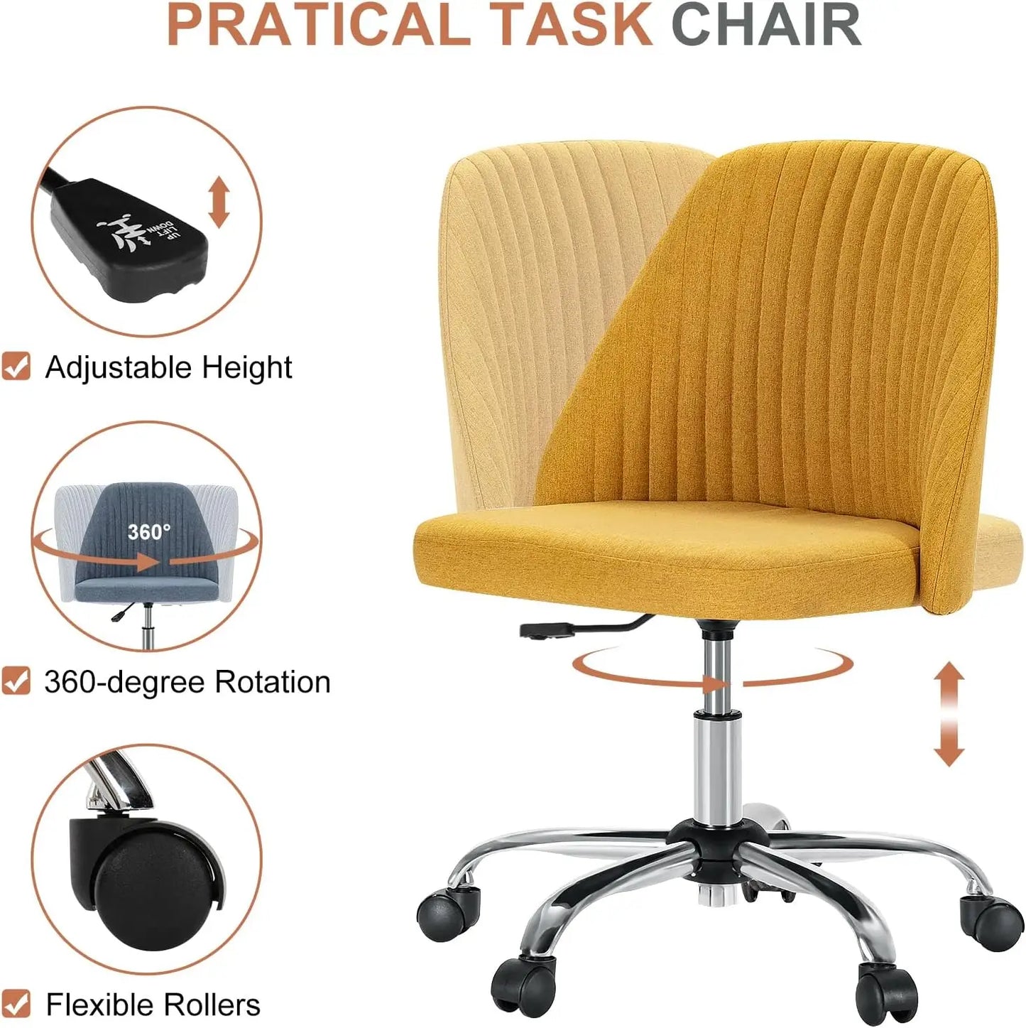 Height Adjustable Armless Vanity Office Chair With Rolling Wheels