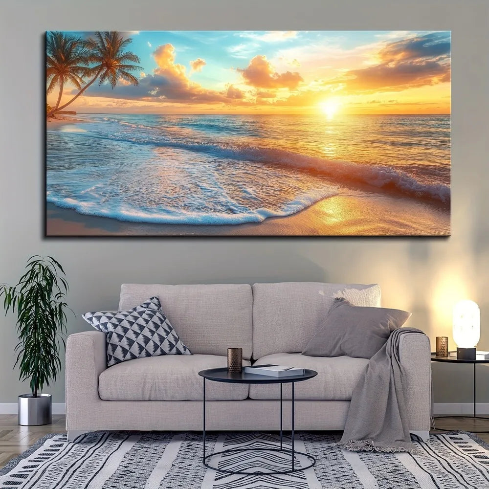 Pine Solid Wood Frame Ocean Sunset Canvas Wall Art