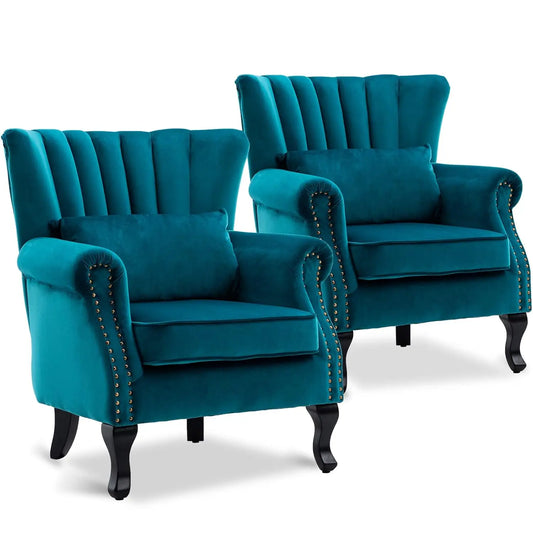 Velvet Wingback Arm Chair Set Of 2 Midcentury Tufted