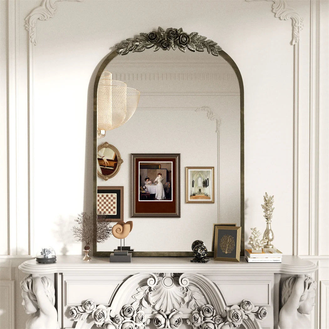 LUVODI Arched Wall Mirror With Metal Frame And Resin Rose Pattern