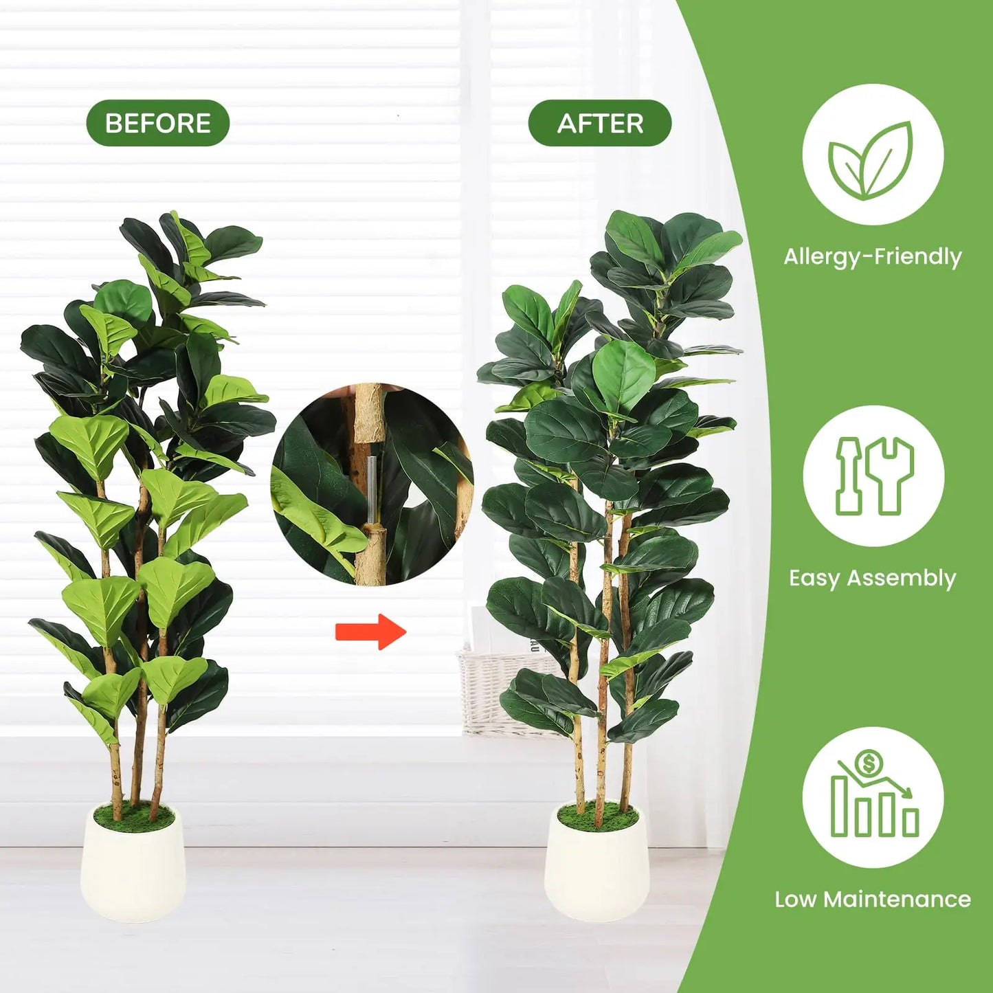 Artificial Fiddle Leaf Fig Tree With White Planter For Home Decor