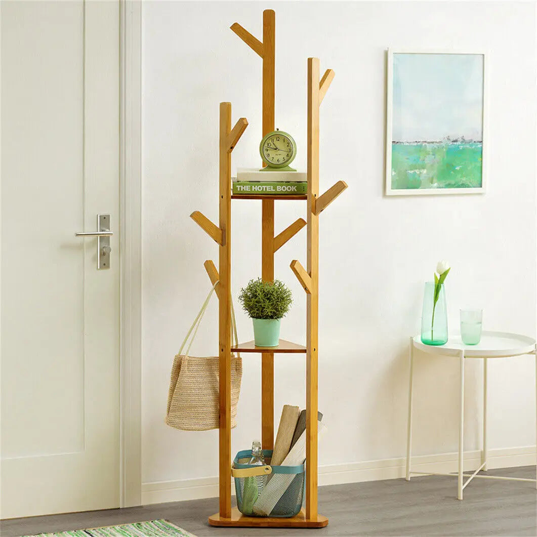 Wisfor Bamboo Corner Coat Rack With Hooks And Shelves