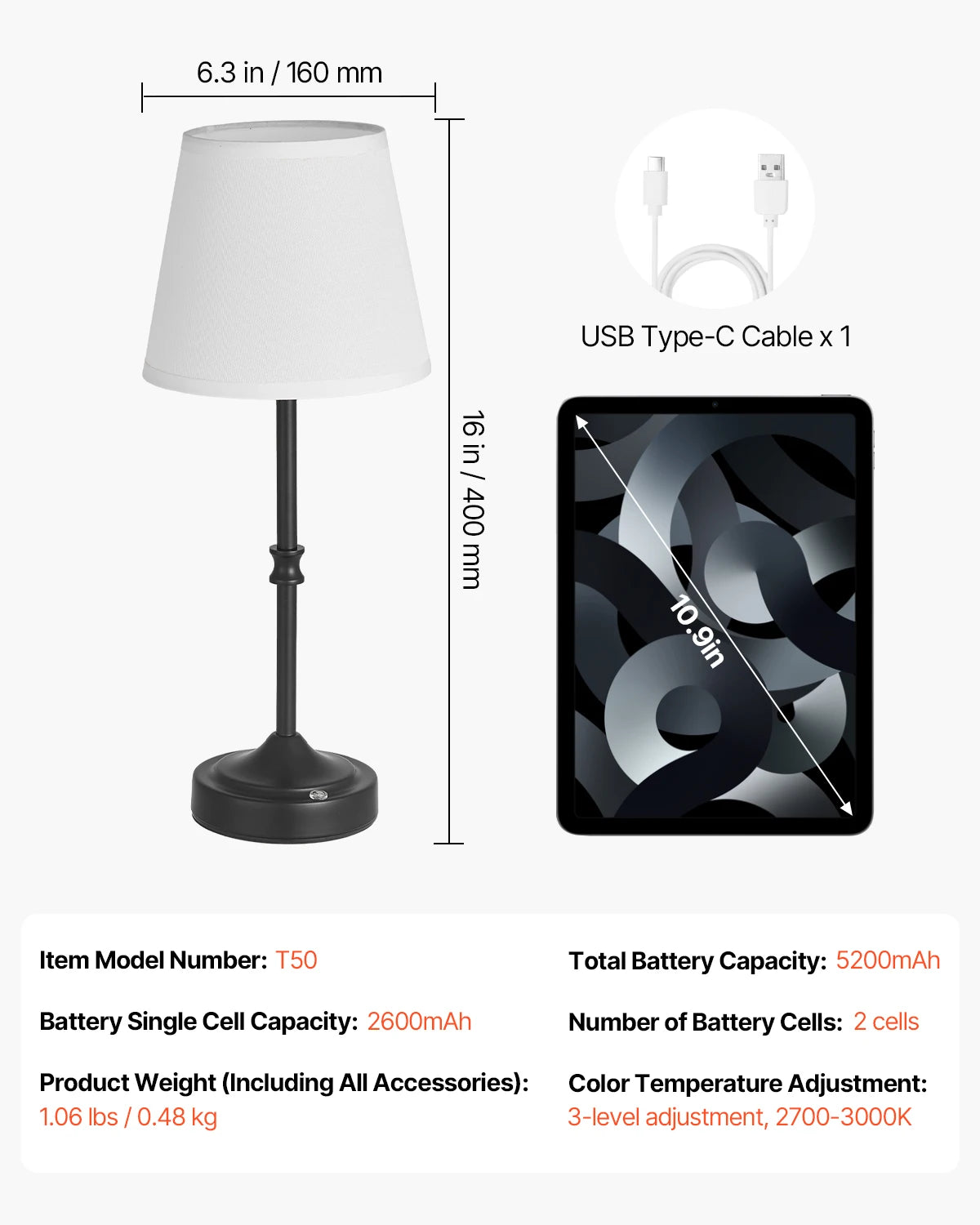 SucceBuy Cordless Desk Lamp With Fabric Shade And Rechargeable Battery
