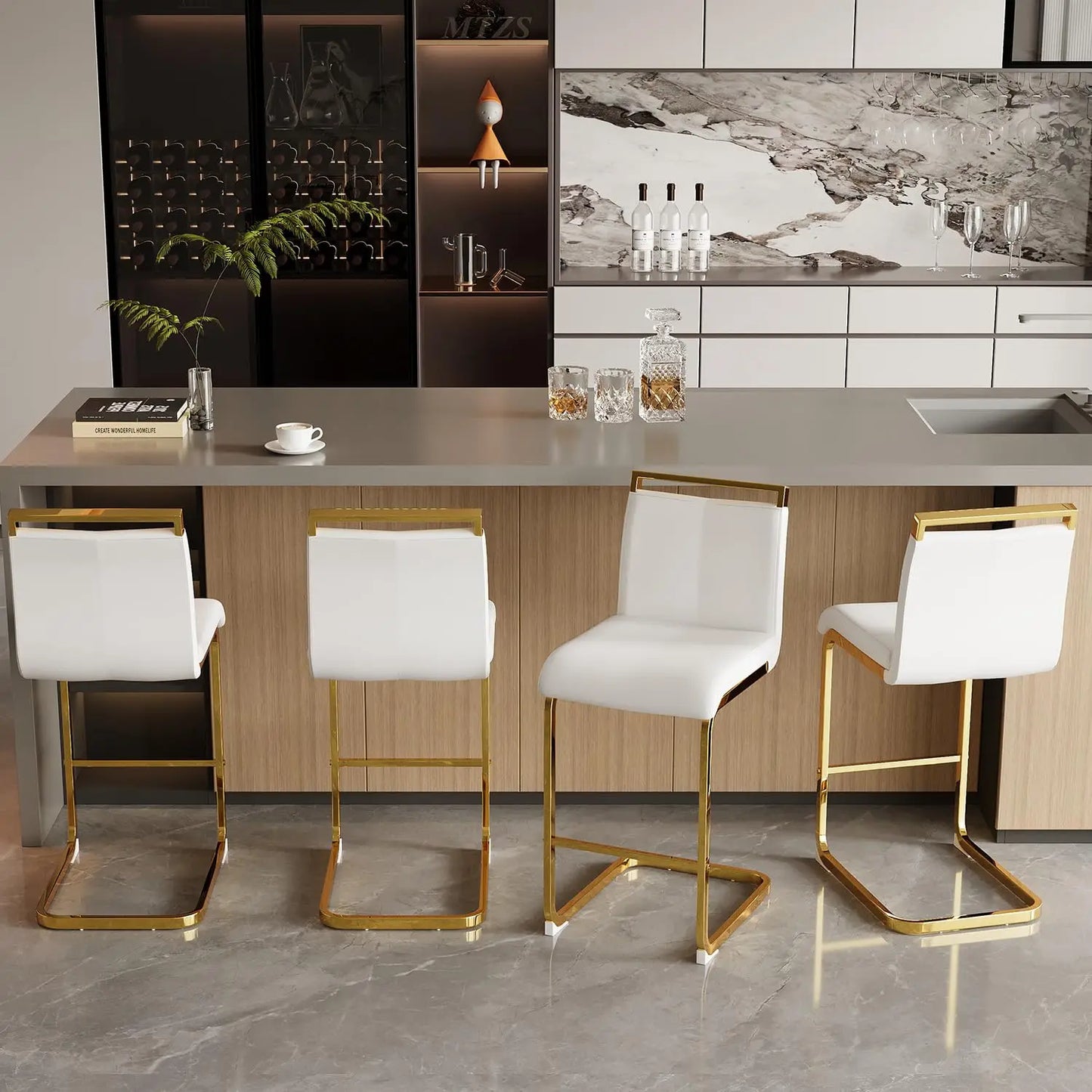 Frame Bar Stools 4 With Back Modern Faux Leather Seating