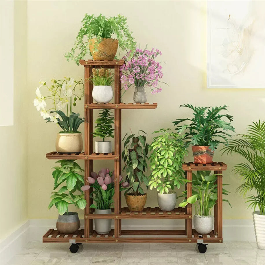 WisforFrame Five Tier Wood Plant Stand Rack With Wheels