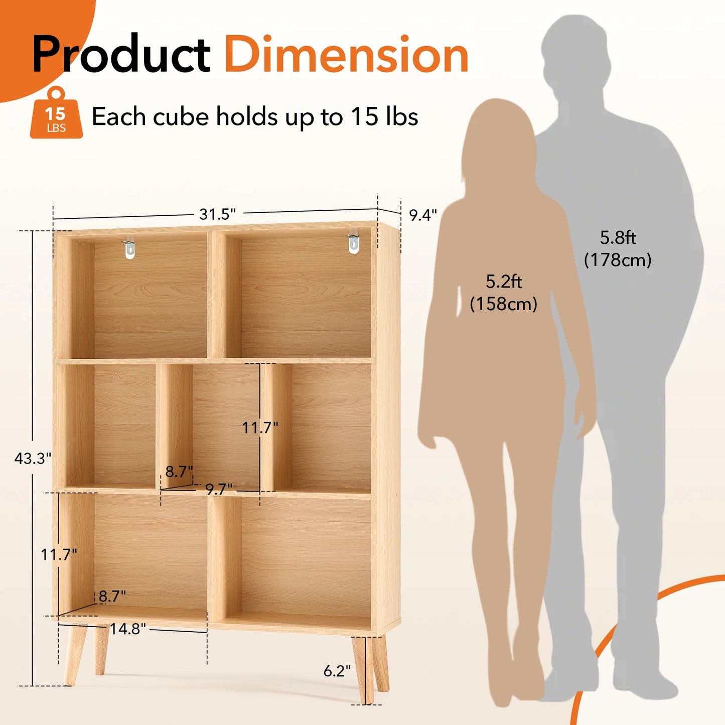 JHK 3 Tier Wooden Bookshelf With Seven Cube Storage Organizer