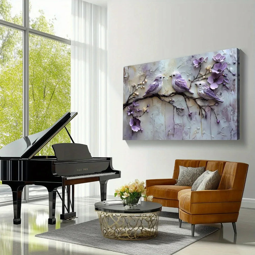 Bird Flower Painting Nature Inspired Mural With Textured Background