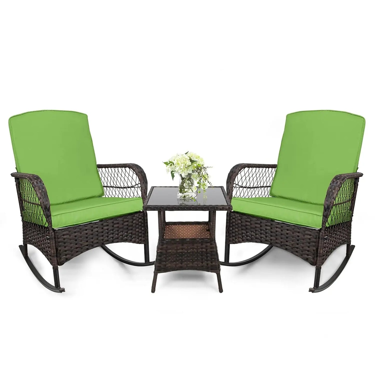 Outdoor 3 Piece Rocking Bistro Set With Glass Table PE Wicker