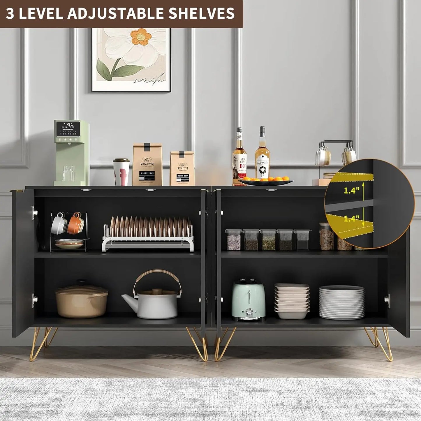 Buffet Cabinet Set Of 3 Storage Cabinets With Metal Legs And Adjustable Shelves