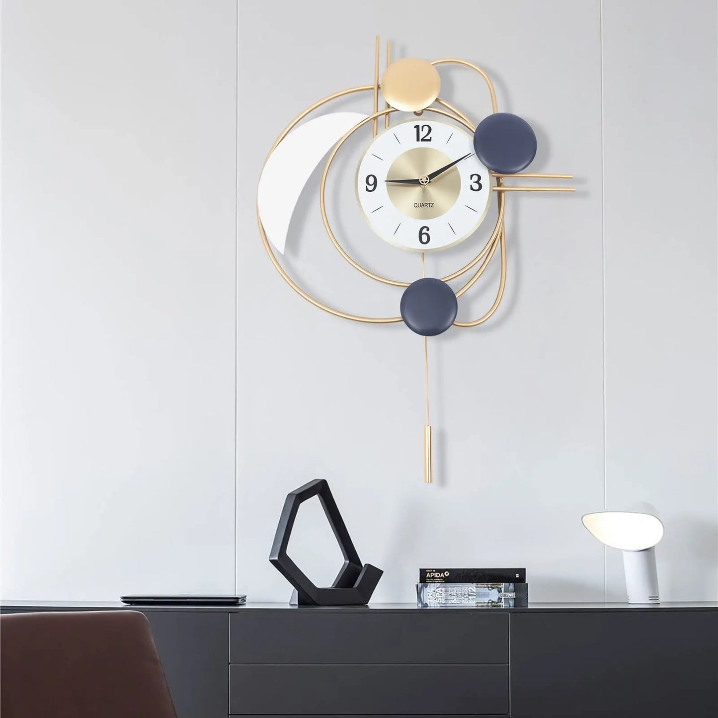 Silent Quartz Modern Metal Wall Clock With Swing Pendulum