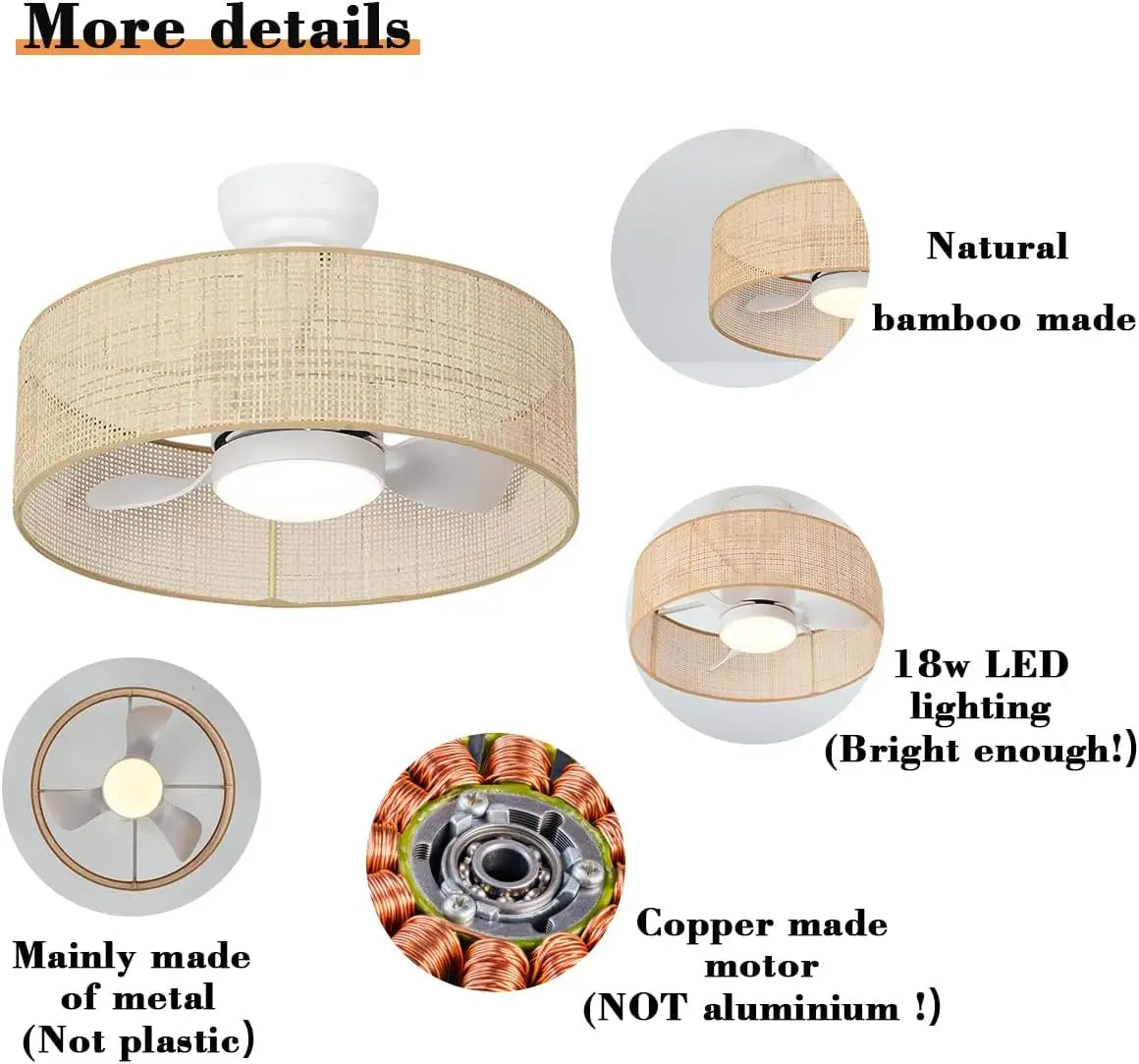 18W LED Dimmable Boho Drum Caged Ceiling Fan With Light
