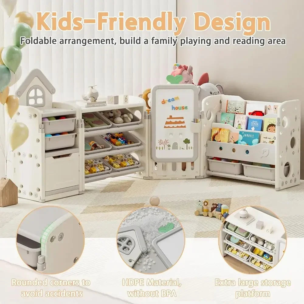 Kids Toy Storage Organizer With 10 Removable Bins And 3 Tier Bookshelf