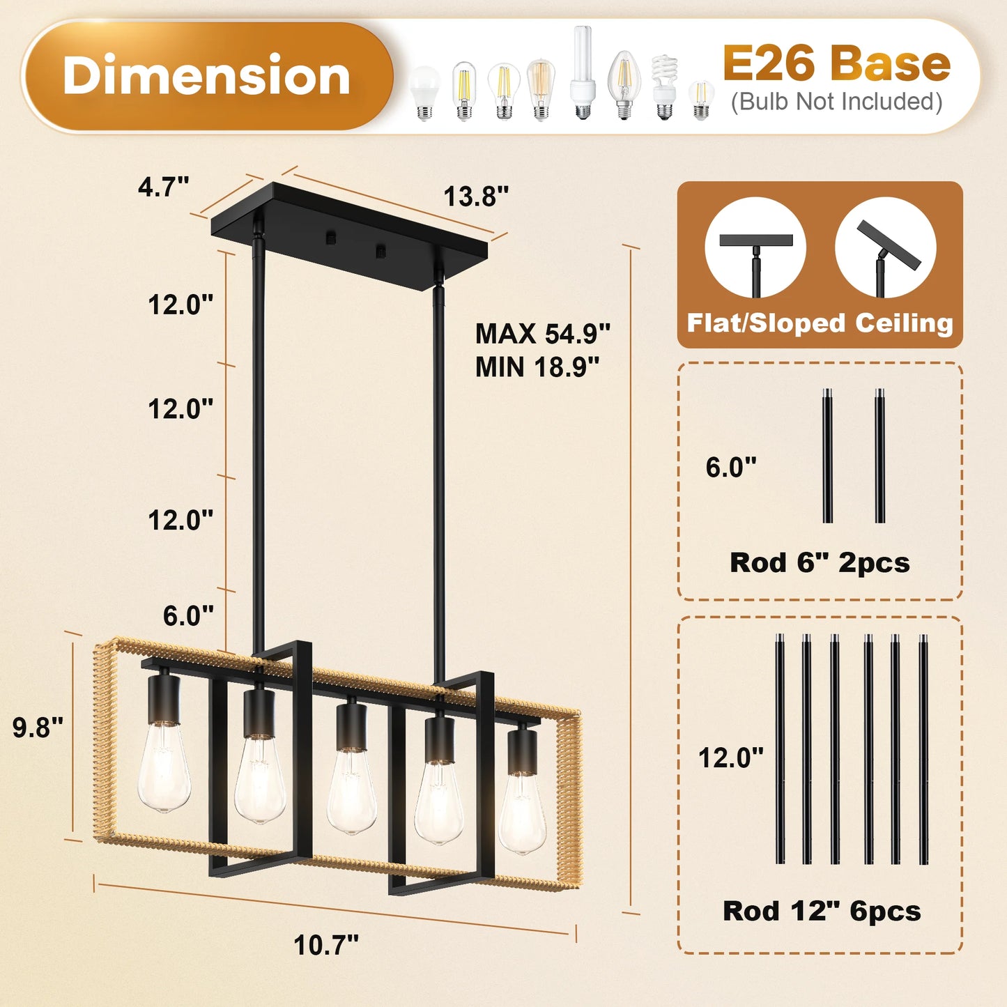 TWISTER.CK Five Light Rattan Pendant Ceiling Light Farmhouse