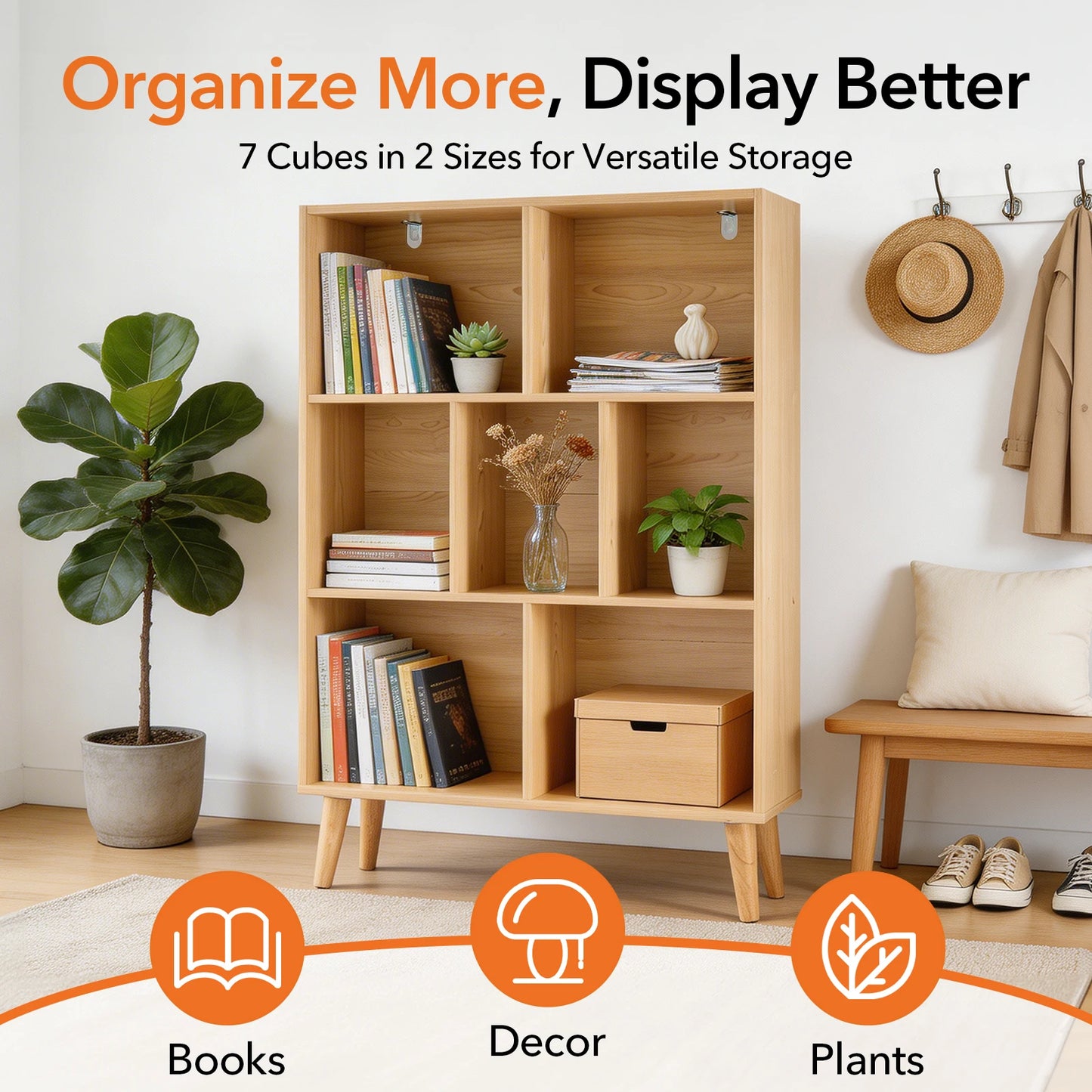 JHK 3 Tier Wooden Bookshelf With Seven Cube Storage Organizer
