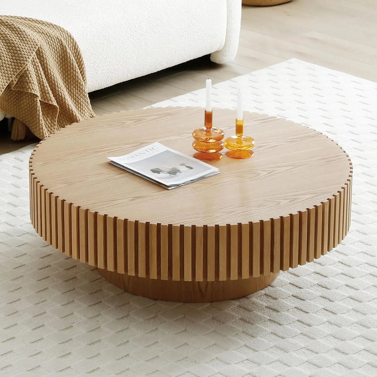 Oak Round Coffee Table Wood Modern Drum Fluted Circle