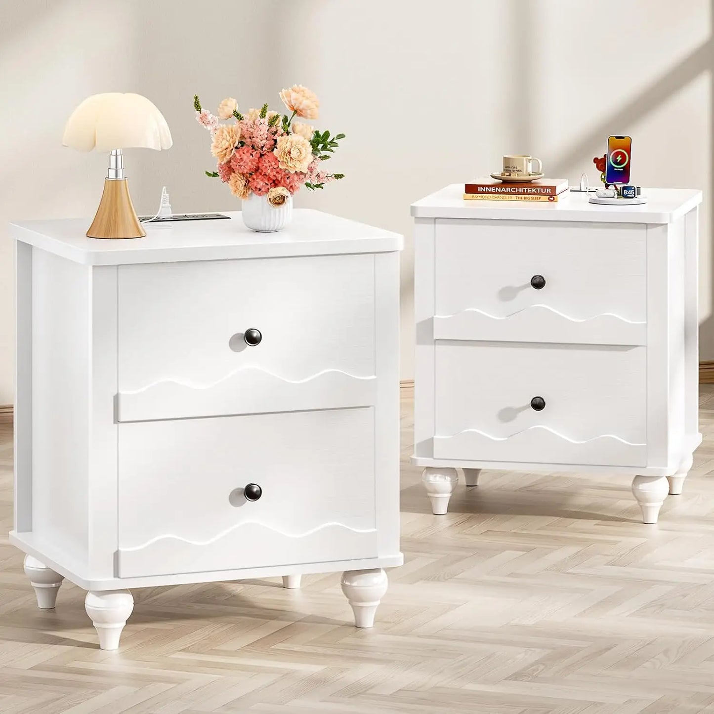 Frame Nightstands With Charging Station Set Of 2 Scalloped