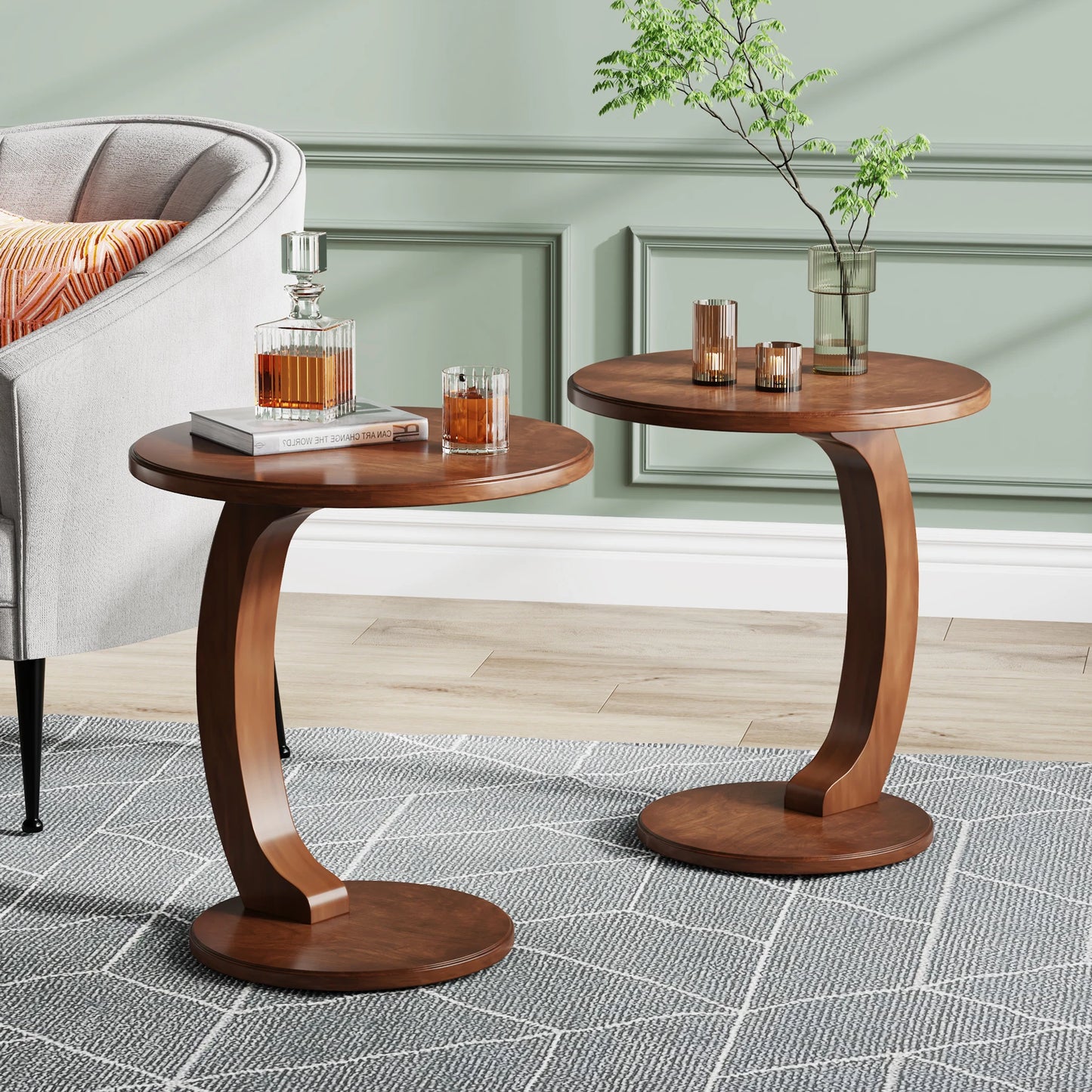 Tribesigns Round Wood C Shaped End Table Mid Century Style For Living Room