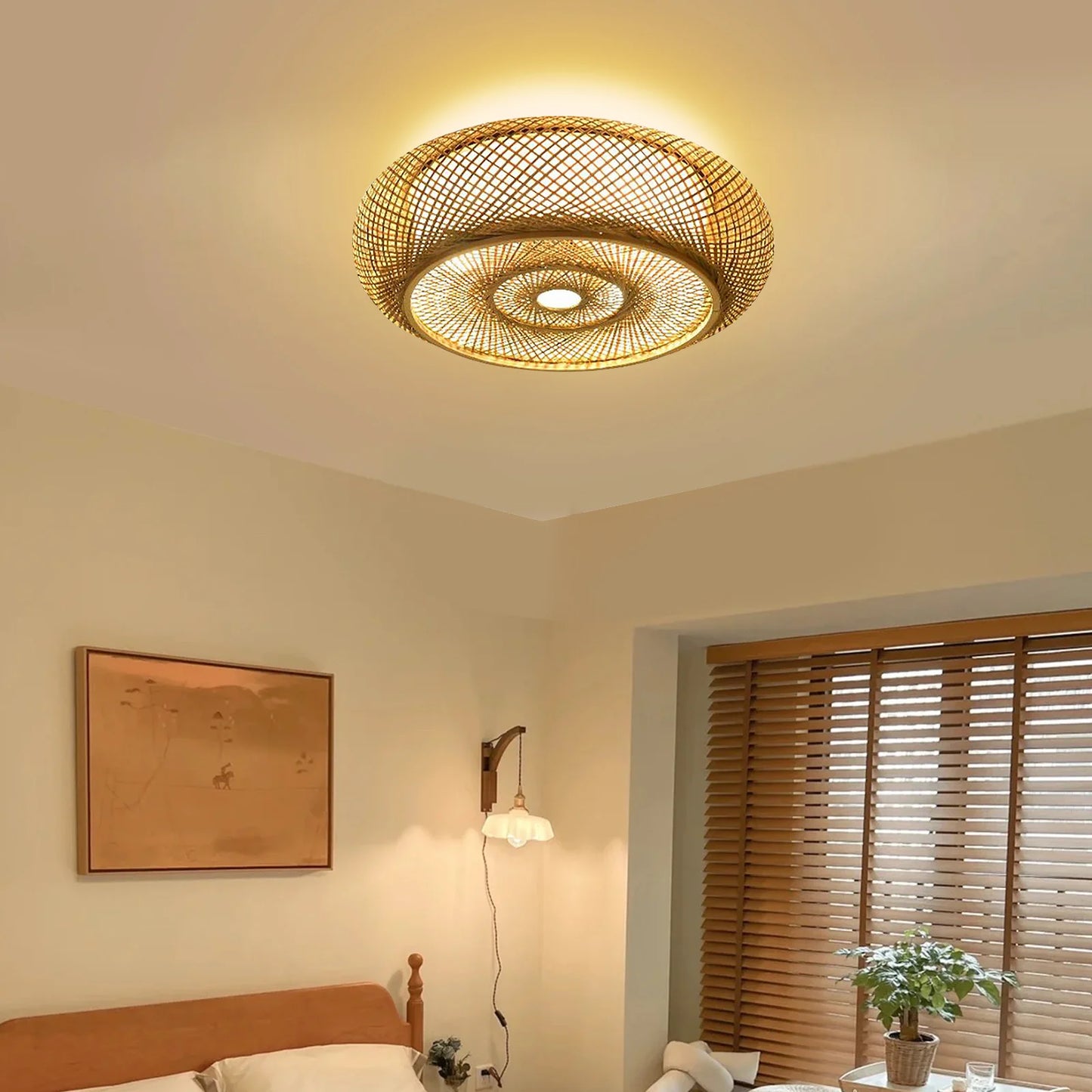 Vintage Bamboo Wicker Rattan Ceiling Light Flush Mount