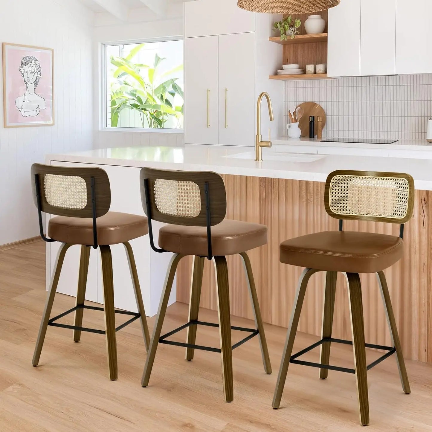 Swivel Bar Stools Set of 3 Upholstered Faux Leather Rattan