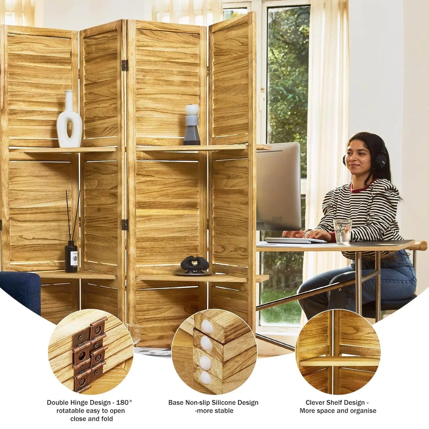 Wood Folding Privacy Screen Partition With Shelves For Home Use