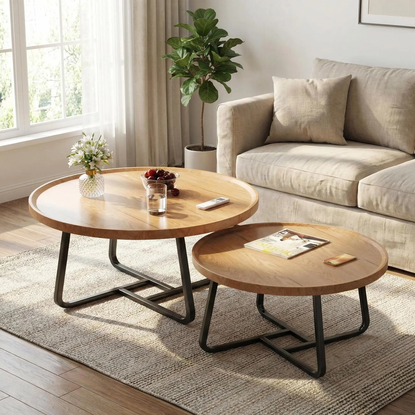 HiMISS Nesting Coffee Table Set Mid Century Modern Fluted Wood