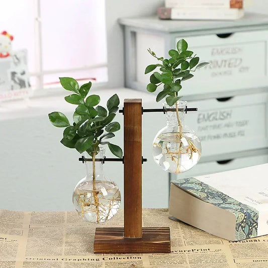 Hydroponic Terrarium Plant Vase With Wooden Frame Glass Tabletop