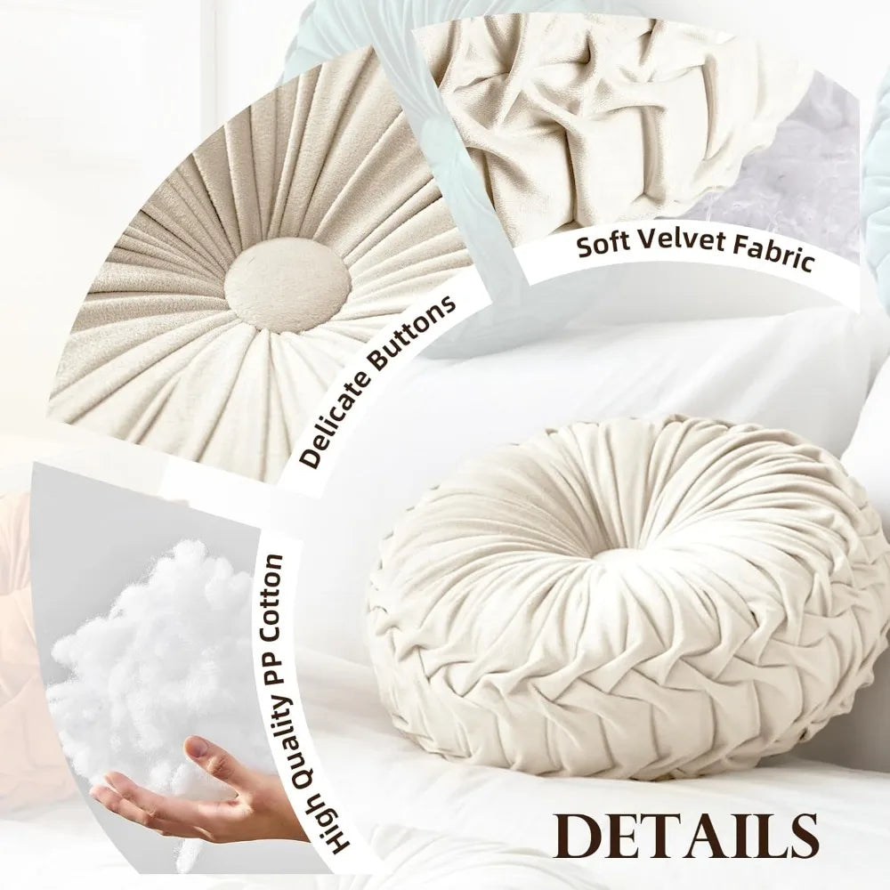 NBVCX Round Velvet Throw Pillow Pleated Cushion For Couch