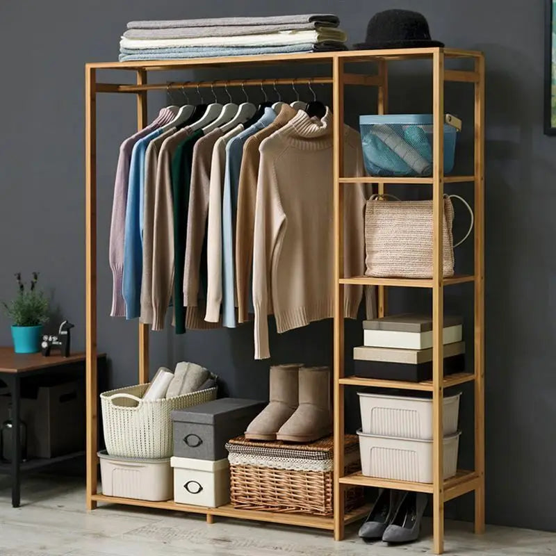 BINGOPAW Bamboo Wood Clothing Rack With Shelves And Coat Storage