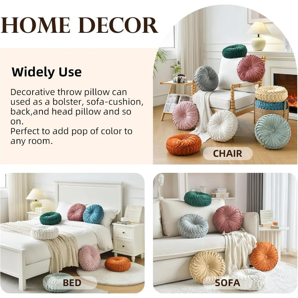 NBVCX Round Velvet Throw Pillow Pleated Cushion For Couch