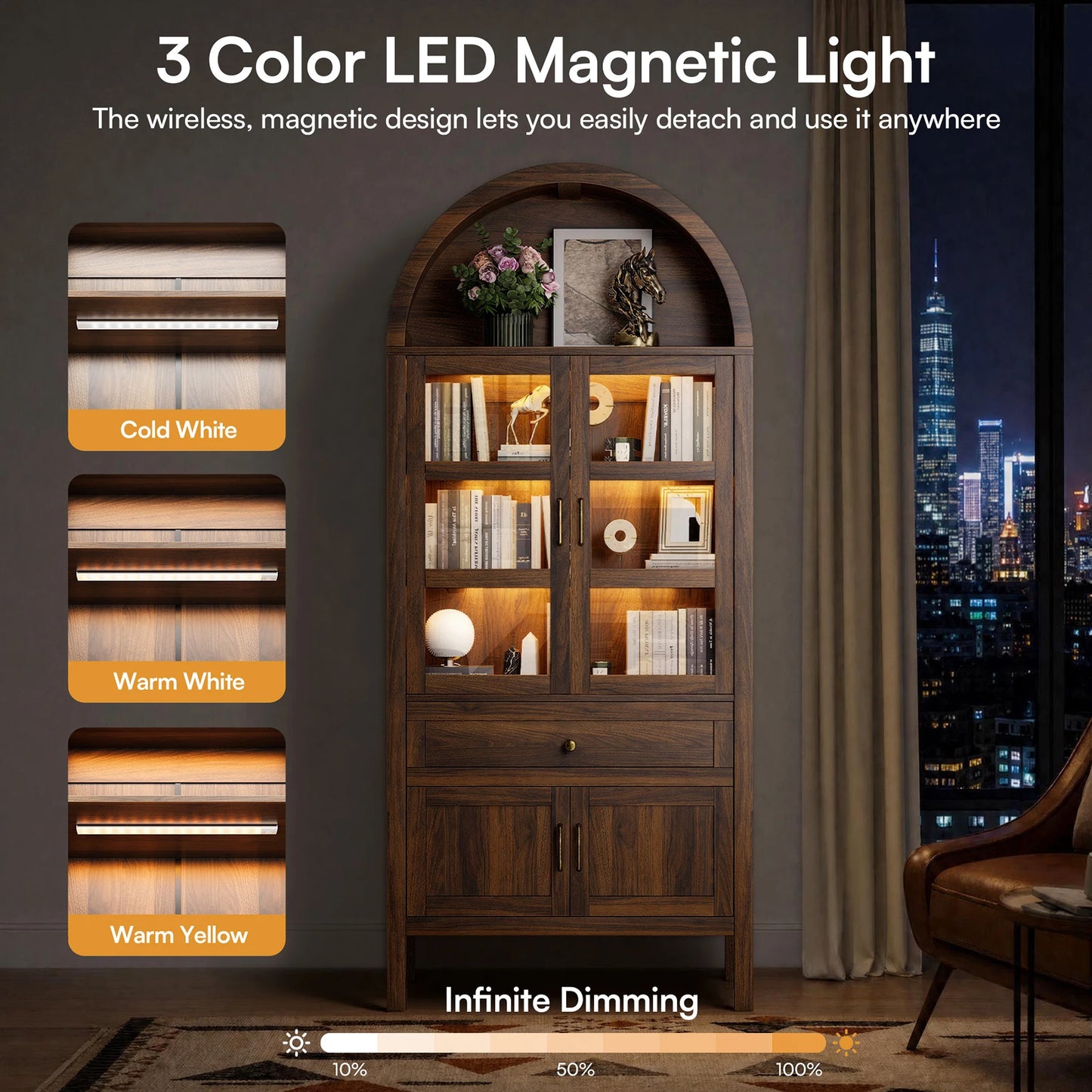 Cottinch Arched Wood Storage Cabinet With Dimmable Led Lights