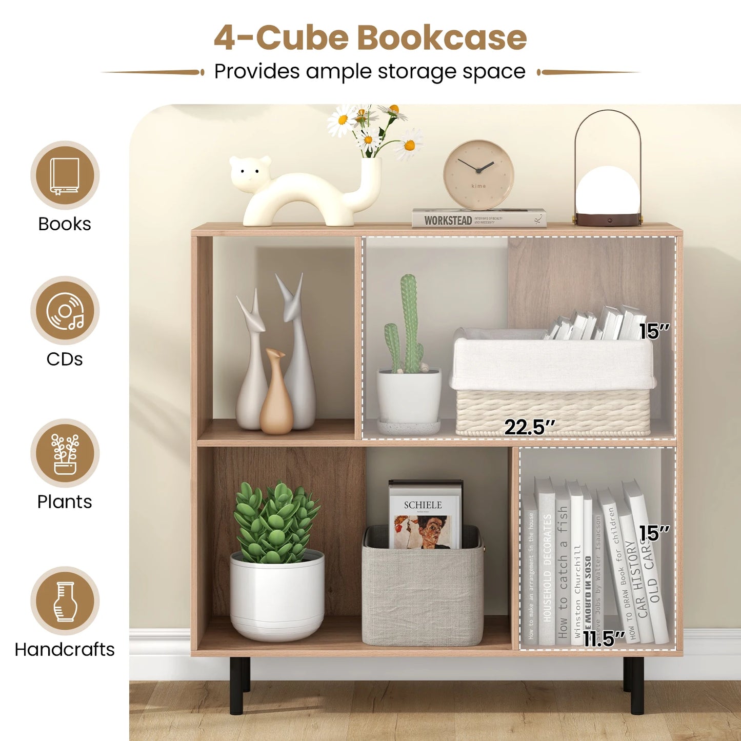 HOMASIS Open Shelf Bookcase 4 Compartments Mid Century Modern