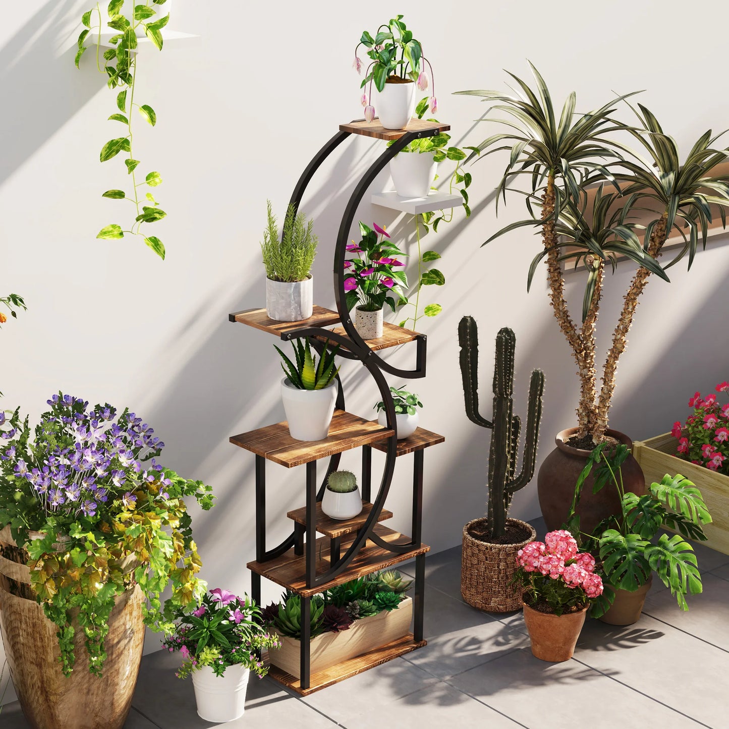 S Shaped Corner Plant Stand With Metal Frame Carbonized Finish