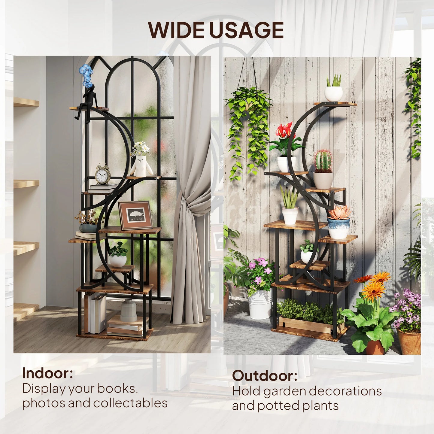 S Shaped Corner Plant Stand With Metal Frame Carbonized Finish