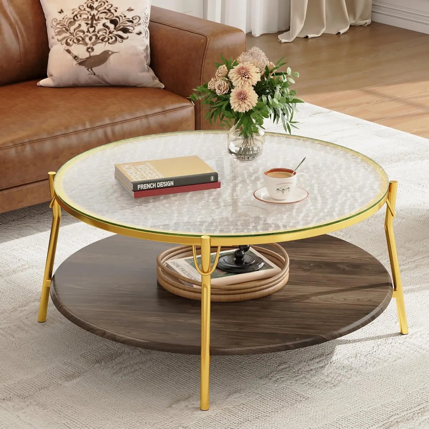 Rectangular Bamboo Coffee Table With Four Drawers And Metal Base