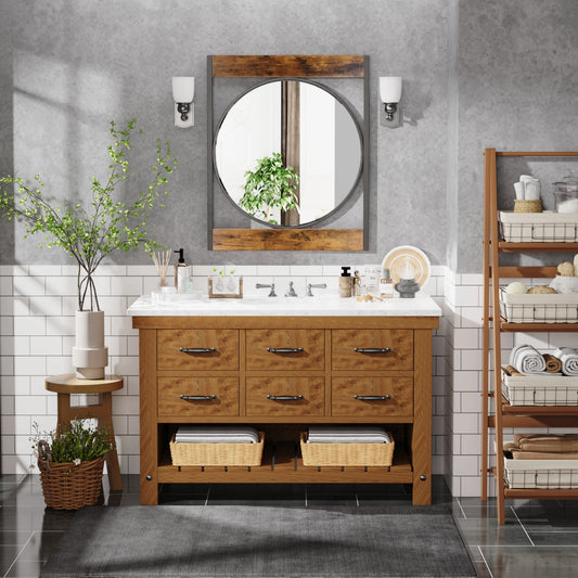 Industrial Metal Wood Framed Wall Mount Mirror For Living Room