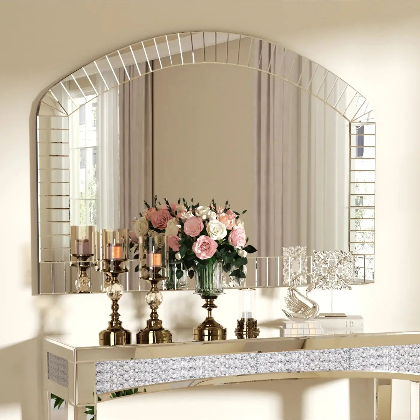 Arched Wall Mirror With Bling Beveled Edge In Silver Glass