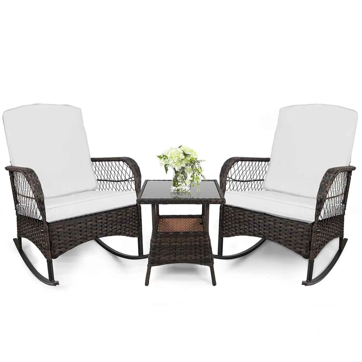 Outdoor 3 Piece Rocking Bistro Set With Glass Table PE Wicker