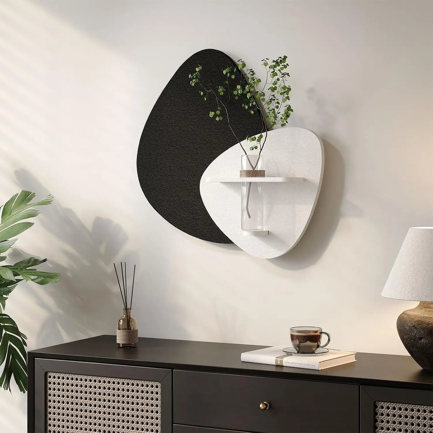 3D Textured Japandi Wall Art With Vase And Shelf Accent