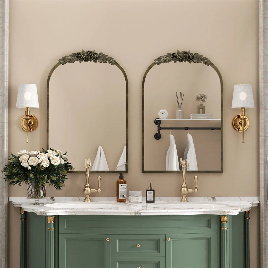 LUVODI Arched Wall Mirror With Metal Frame And Resin Rose Pattern