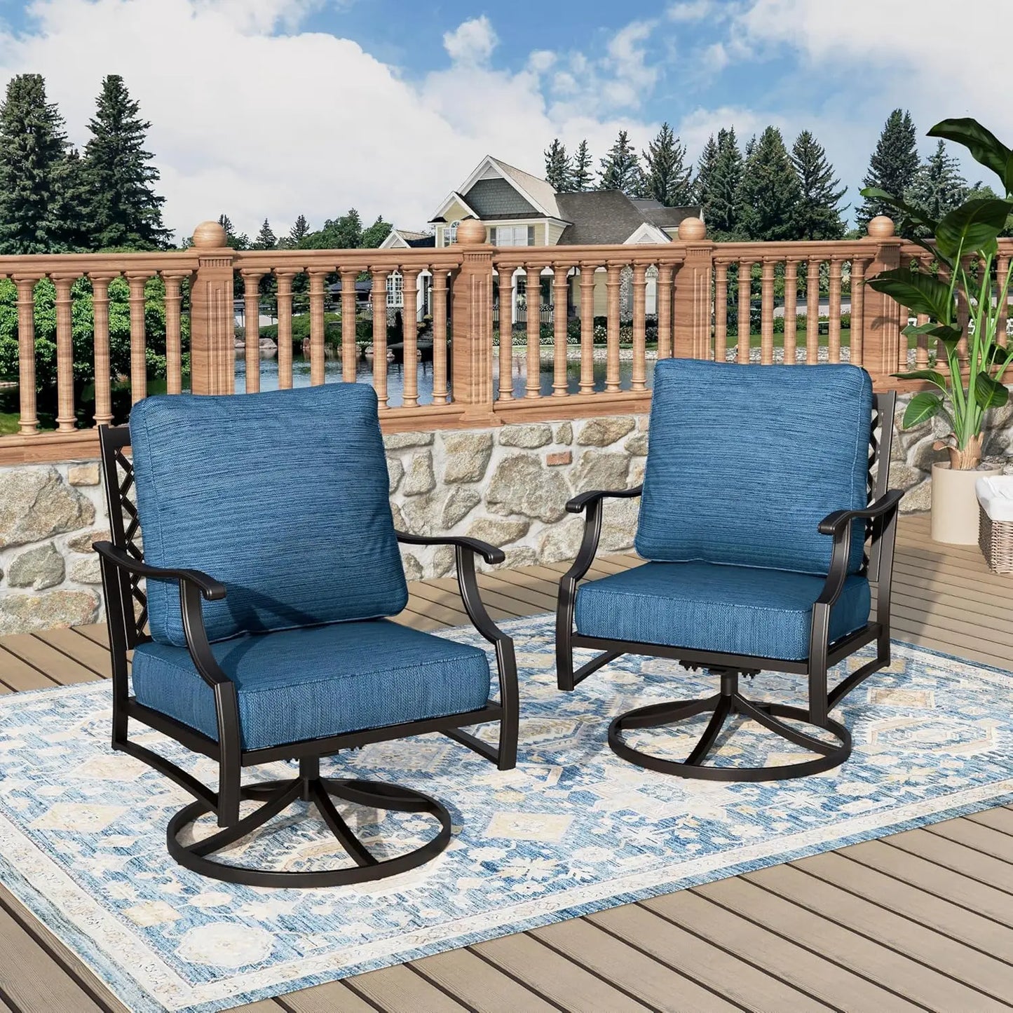 Swivel Patio Chairs Set Of Two Outdoor High Back Metal Cushioned