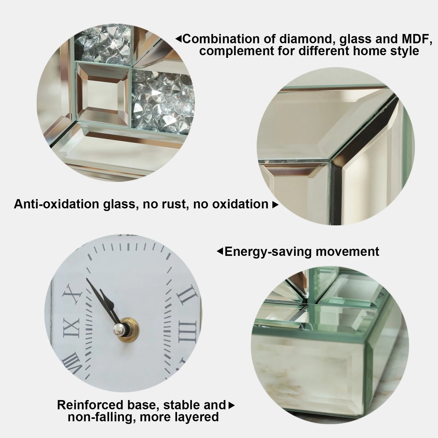 Crushed Diamond Mirrored Desk Clock For Home Decor