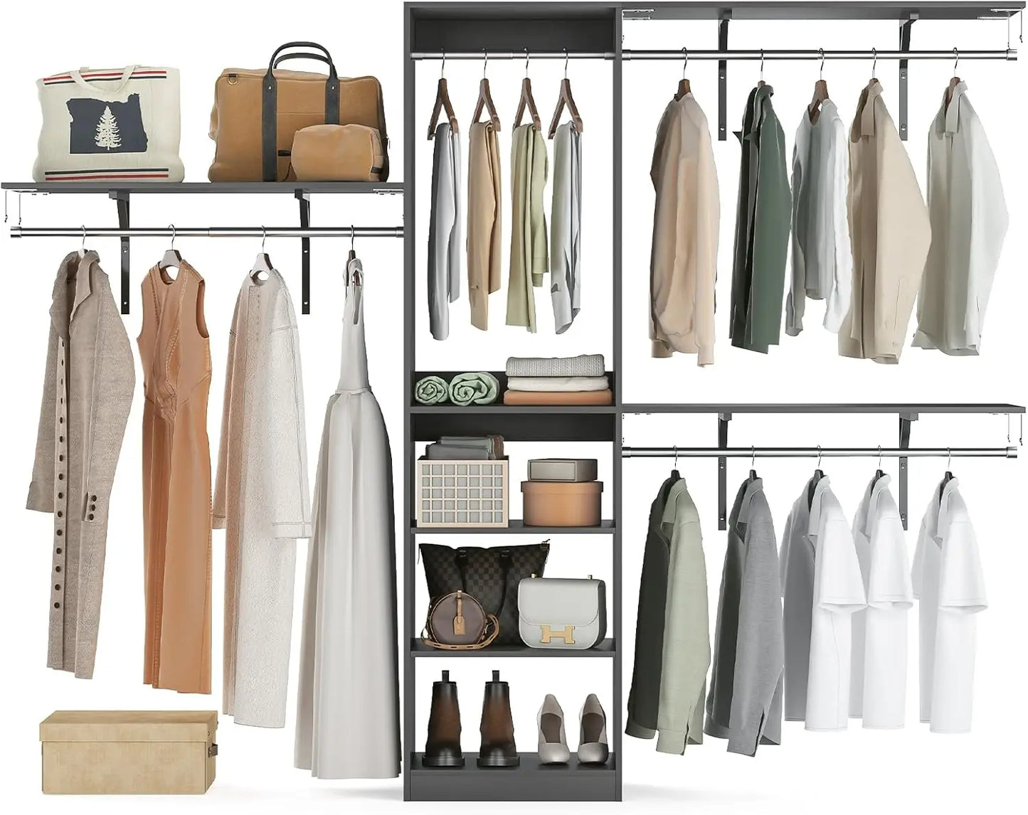 FARINI Heavy Duty Closet Organizer With 4 Hang Rods And 5 Shelves